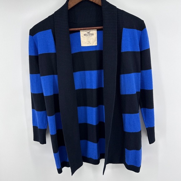 Y2K Hollister Womens Blue Black Striped Open Front Shawl Collar Cardigan Small - Picture 2 of 13
